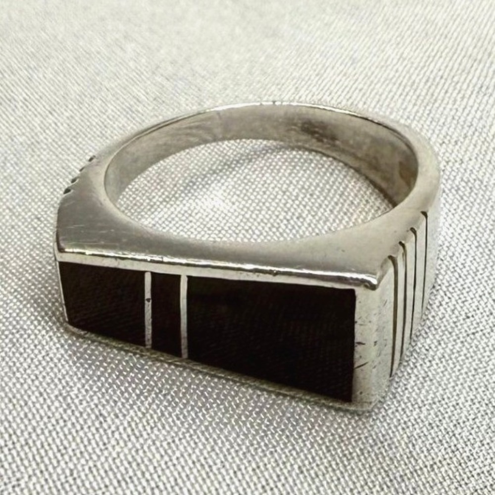 Vintage Sterling Silver Inlay Ring Unisex Size 6 Purple Black Good Geometric